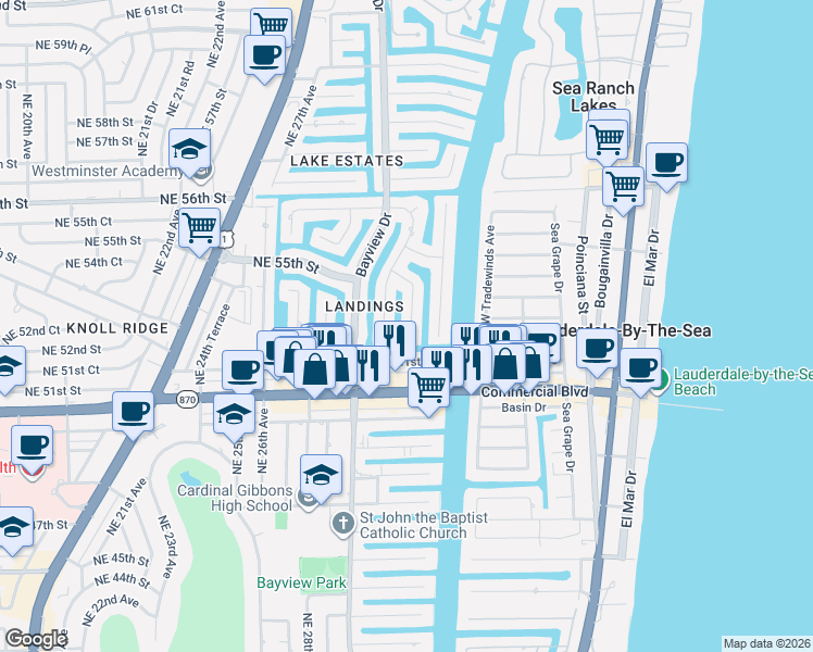 map of restaurants, bars, coffee shops, grocery stores, and more near 5200 Northeast 32nd Avenue in Fort Lauderdale