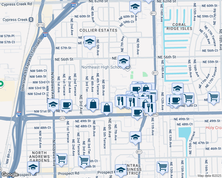 map of restaurants, bars, coffee shops, grocery stores, and more near 5217 Northeast 6th Avenue in Fort Lauderdale