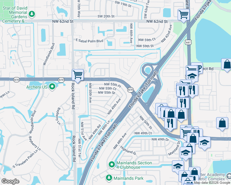 map of restaurants, bars, coffee shops, grocery stores, and more near 5405 Northwest 49th Terrace in Tamarac