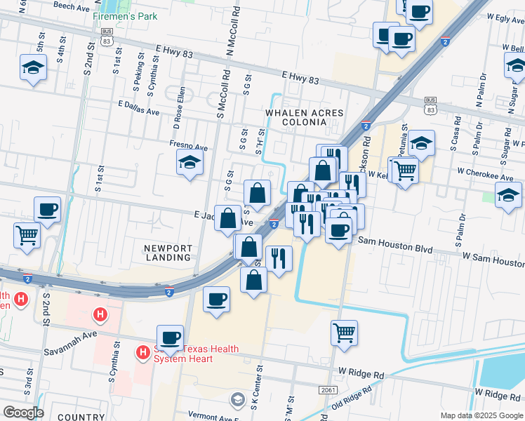 map of restaurants, bars, coffee shops, grocery stores, and more near 1001 East Jackson Avenue in McAllen