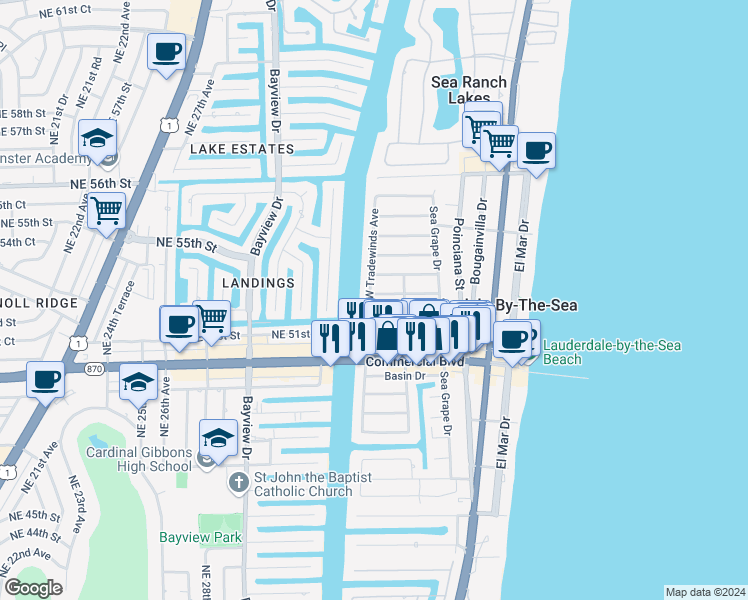 map of restaurants, bars, coffee shops, grocery stores, and more near 266 Bombay Avenue in Lauderdale-by-the-Sea