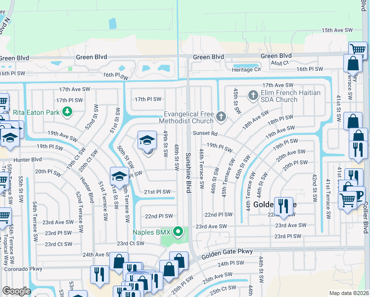 map of restaurants, bars, coffee shops, grocery stores, and more near 1945 Sunshine Boulevard in Naples