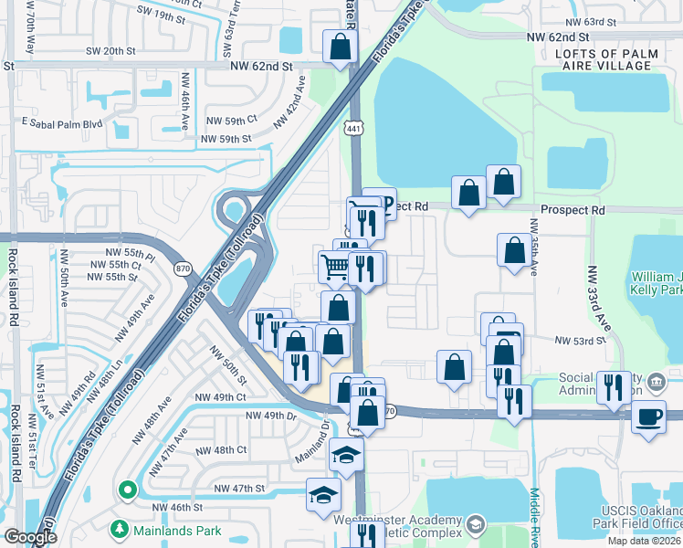 map of restaurants, bars, coffee shops, grocery stores, and more near 5435 North State Road 7 in Tamarac
