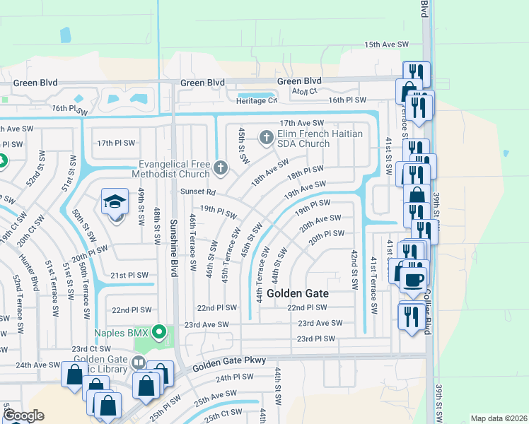 map of restaurants, bars, coffee shops, grocery stores, and more near 4489 18th Place Southwest in Naples