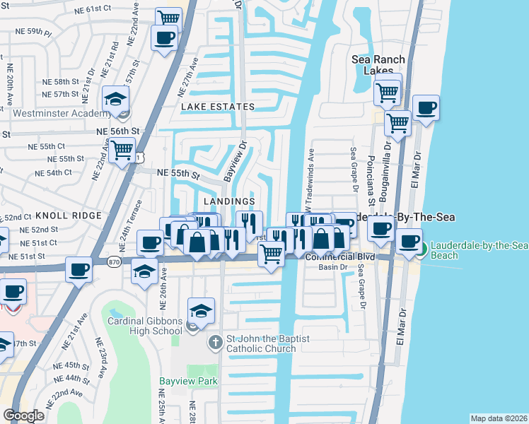 map of restaurants, bars, coffee shops, grocery stores, and more near 5310 Northeast 32nd Avenue in Fort Lauderdale