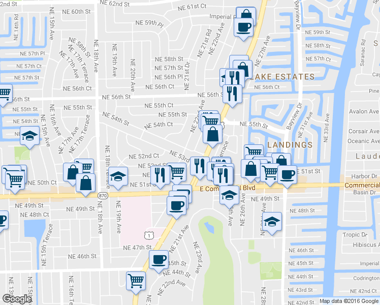 map of restaurants, bars, coffee shops, grocery stores, and more near 5404 Northeast 22nd Avenue in Fort Lauderdale