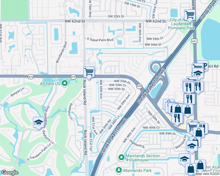 map of restaurants, bars, coffee shops, grocery stores, and more near 4933 Northwest 55th Court in Tamarac