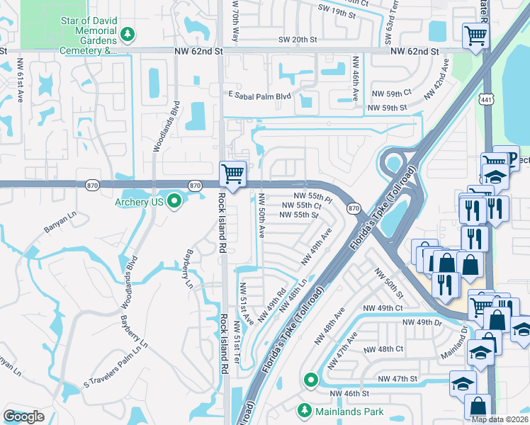 map of restaurants, bars, coffee shops, grocery stores, and more near 4951 Northwest 55th Court in Tamarac