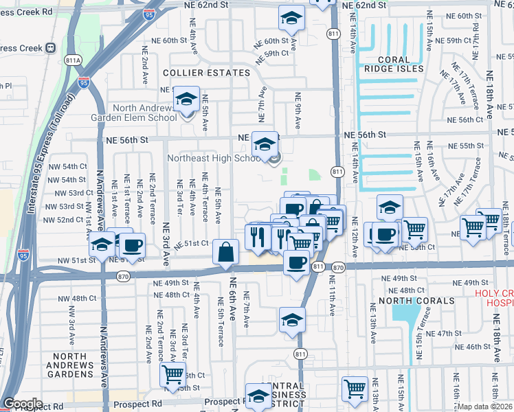 map of restaurants, bars, coffee shops, grocery stores, and more near 5310 NE 6th Ave in Fort Lauderdale