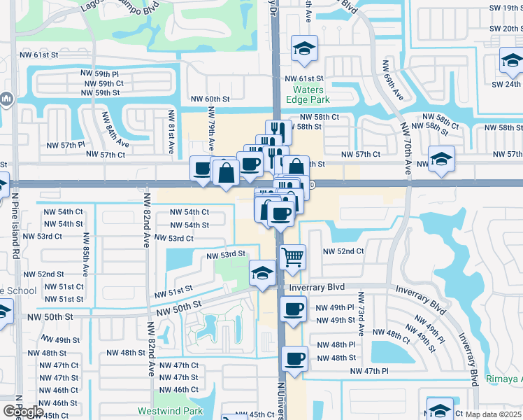 map of restaurants, bars, coffee shops, grocery stores, and more near 5611 North University Drive in Coral Springs