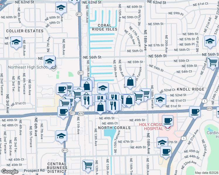map of restaurants, bars, coffee shops, grocery stores, and more near 1465 Northeast 53rd Street in Fort Lauderdale