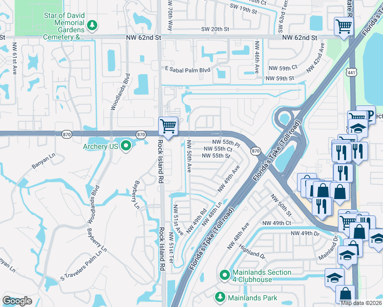 map of restaurants, bars, coffee shops, grocery stores, and more near 4951 Northwest 55th Court in Tamarac