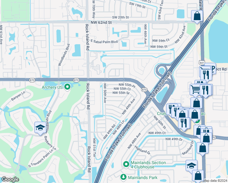 map of restaurants, bars, coffee shops, grocery stores, and more near 4933 Northwest 55th Court in Tamarac