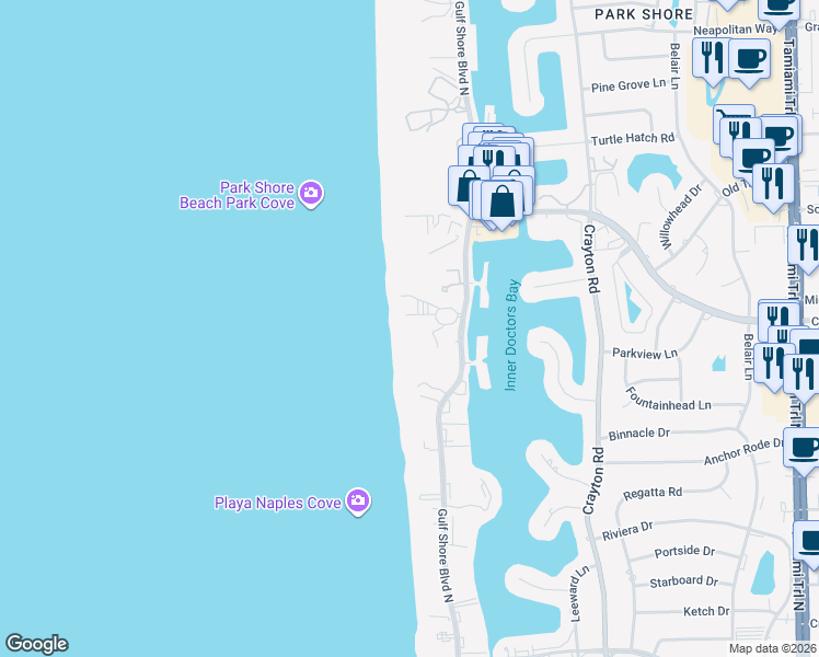 map of restaurants, bars, coffee shops, grocery stores, and more near 4001 Gulf Shore Boulevard North in Naples