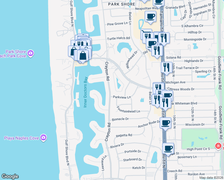 map of restaurants, bars, coffee shops, grocery stores, and more near 3860 Crayton Road in Naples