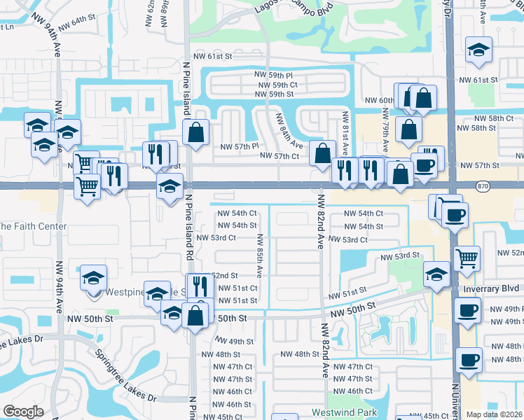 map of restaurants, bars, coffee shops, grocery stores, and more near 5430 Northwest 85th Avenue in Lauderhill