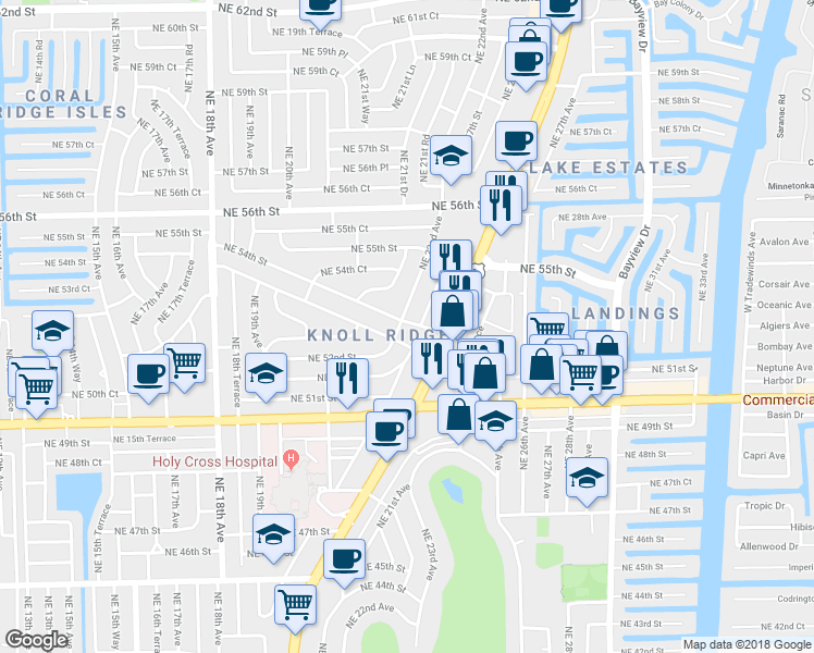 map of restaurants, bars, coffee shops, grocery stores, and more near 5404 Northeast 22nd Avenue in Fort Lauderdale