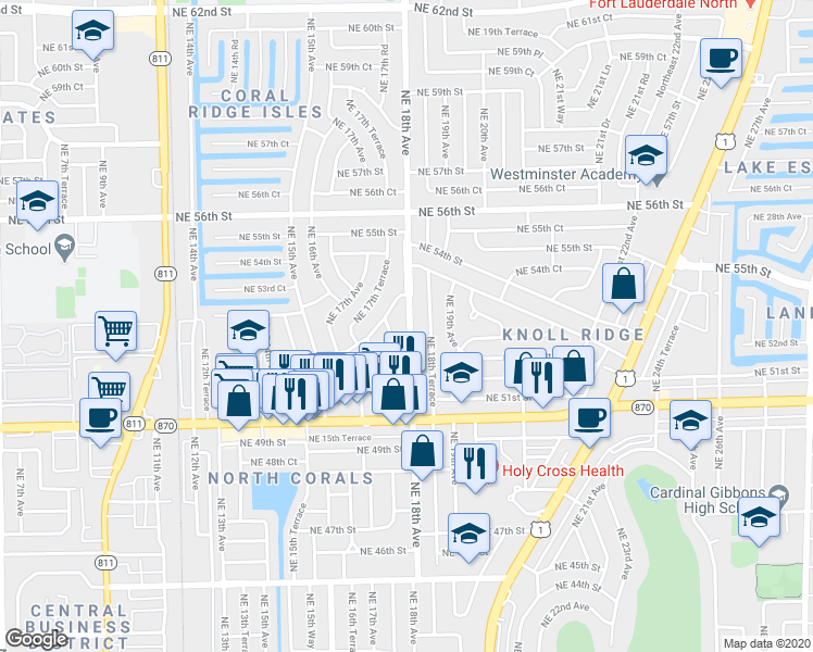 map of restaurants, bars, coffee shops, grocery stores, and more near 5250 Northeast 18th Terrace in Fort Lauderdale