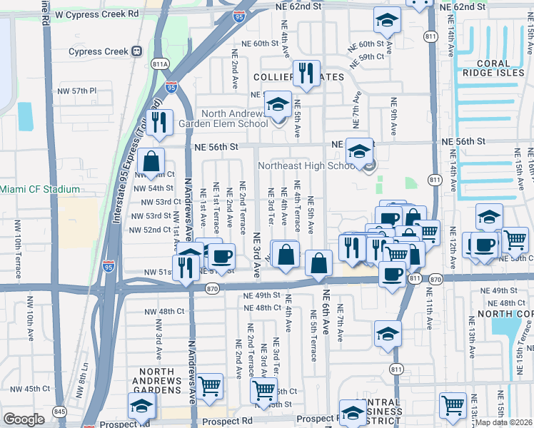 map of restaurants, bars, coffee shops, grocery stores, and more near 5324 Northeast 3rd Terrace in Fort Lauderdale