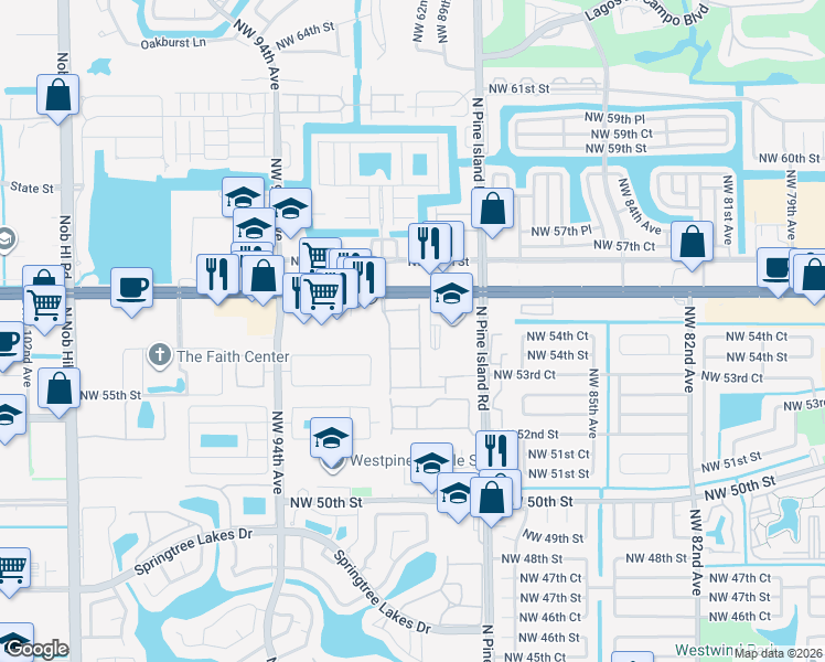map of restaurants, bars, coffee shops, grocery stores, and more near 9016 Northwest 55th Court in Sunrise
