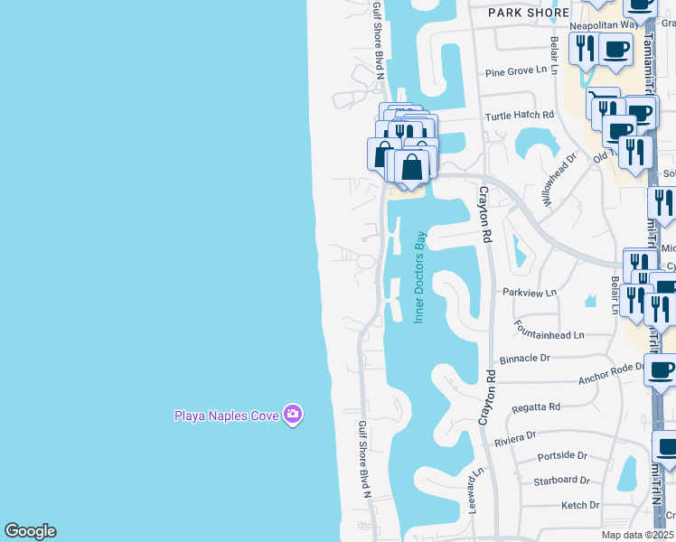 map of restaurants, bars, coffee shops, grocery stores, and more near 4001 Gulf Shore Boulevard North in Naples