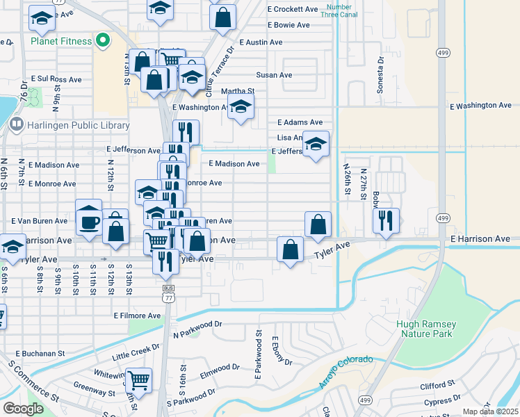 map of restaurants, bars, coffee shops, grocery stores, and more near 101-155 North 21st Street in Harlingen