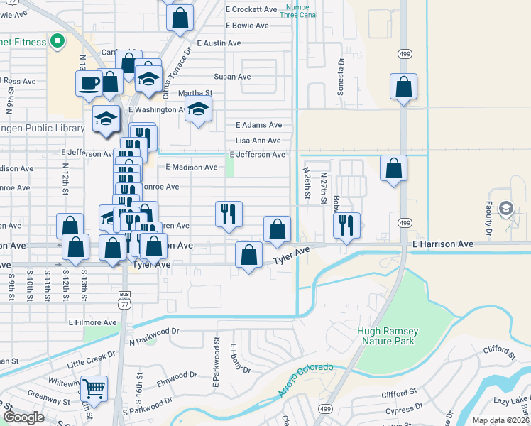 map of restaurants, bars, coffee shops, grocery stores, and more near 2317 East Jackson Avenue in Harlingen