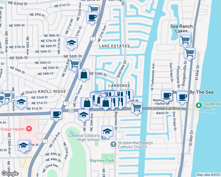 map of restaurants, bars, coffee shops, grocery stores, and more near 5250 Northeast 29th Avenue in Fort Lauderdale