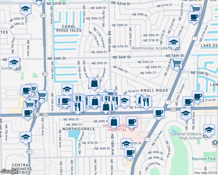 map of restaurants, bars, coffee shops, grocery stores, and more near 5250 Northeast 18th Terrace in Fort Lauderdale