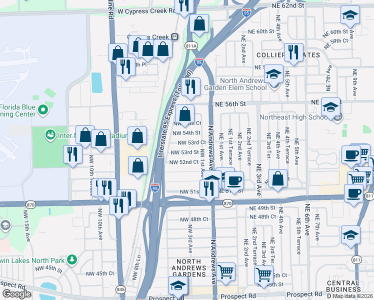 map of restaurants, bars, coffee shops, grocery stores, and more near 310 Northwest 53rd Court in Fort Lauderdale