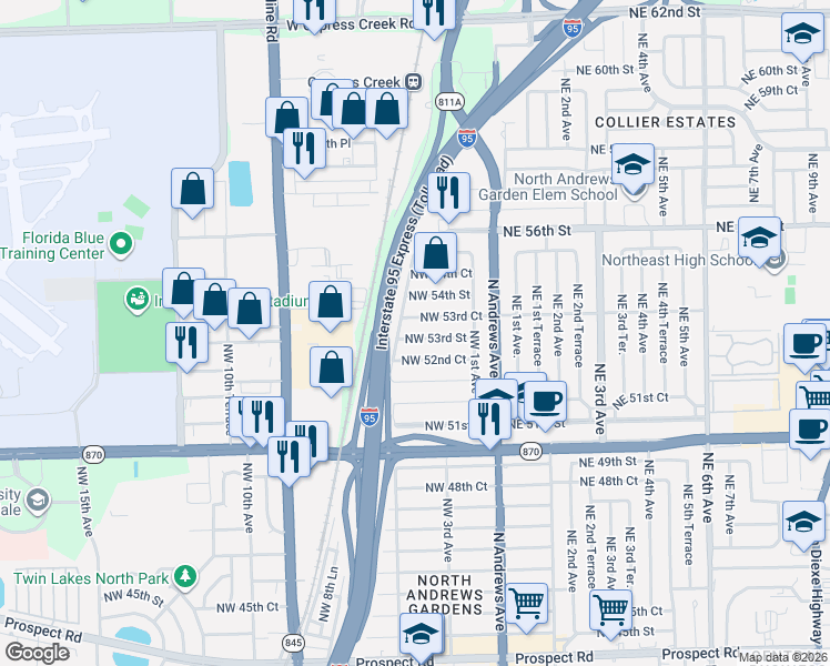 map of restaurants, bars, coffee shops, grocery stores, and more near 5324 Northwest 5th Avenue in Oakland Park