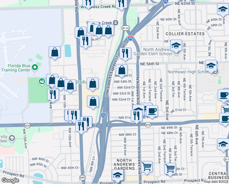map of restaurants, bars, coffee shops, grocery stores, and more near 5324 Northwest 5th Avenue in Oakland Park