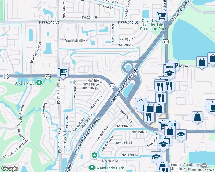 map of restaurants, bars, coffee shops, grocery stores, and more near 4857 Northwest 55th Place in Tamarac