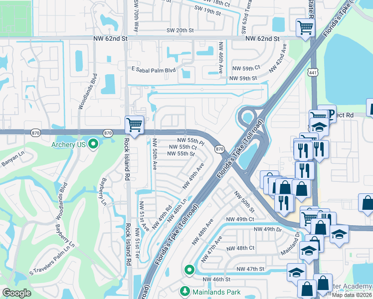 map of restaurants, bars, coffee shops, grocery stores, and more near 4933 Northwest 55th Court in Tamarac