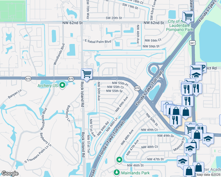 map of restaurants, bars, coffee shops, grocery stores, and more near 4933 Northwest 55th Court in Tamarac