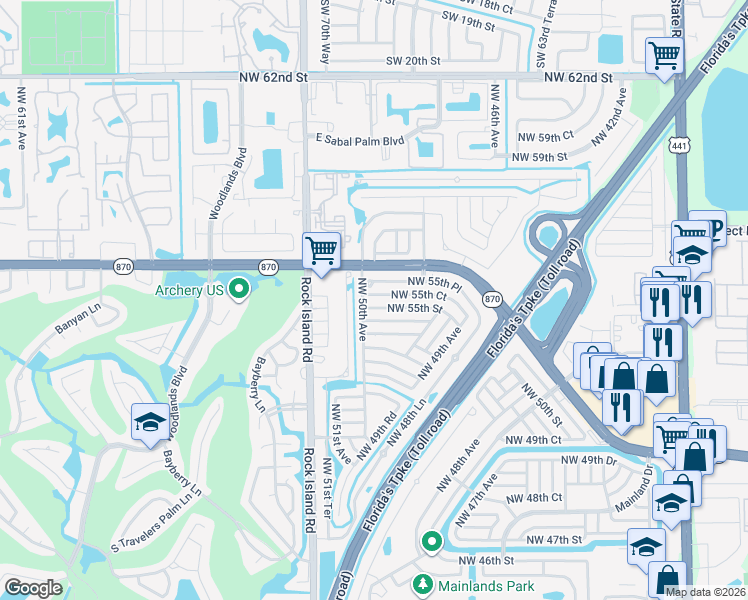 map of restaurants, bars, coffee shops, grocery stores, and more near 4951 Northwest 55th Court in Tamarac