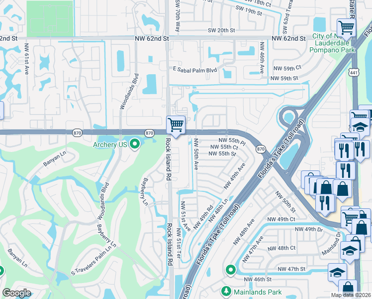 map of restaurants, bars, coffee shops, grocery stores, and more near 5517 Northwest 50th Avenue in Tamarac