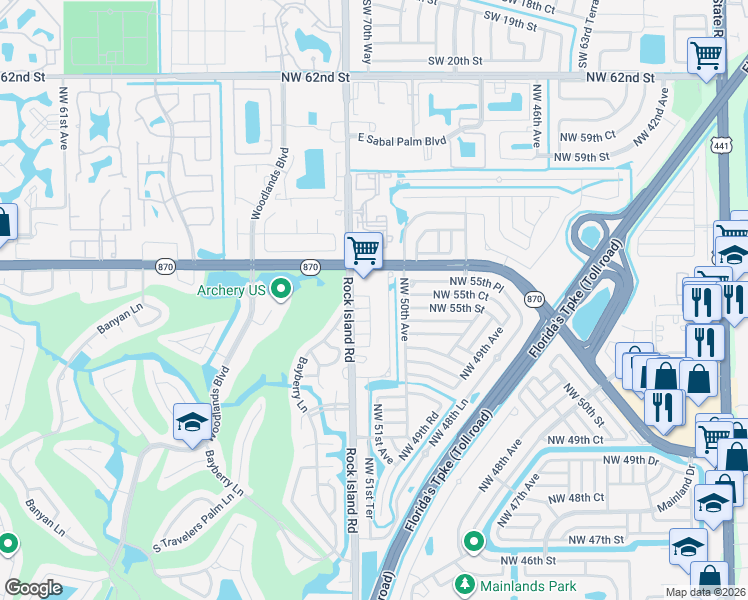 map of restaurants, bars, coffee shops, grocery stores, and more near 5517 Northwest 50th Avenue in Tamarac