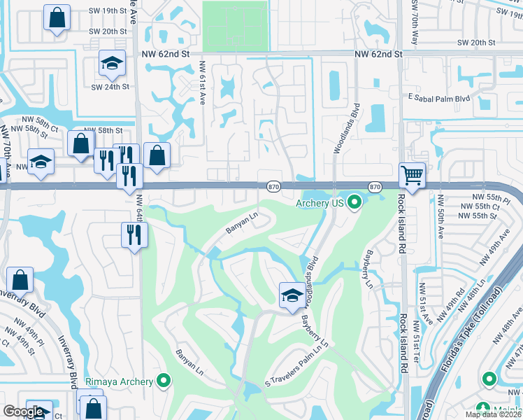 map of restaurants, bars, coffee shops, grocery stores, and more near 5505 Banyan Lane in Tamarac