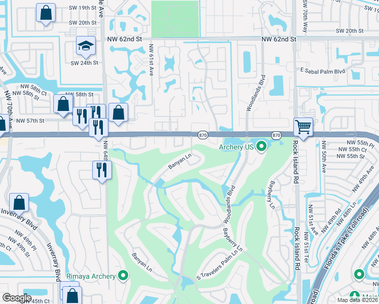 map of restaurants, bars, coffee shops, grocery stores, and more near 5505 Banyan Lane in Tamarac