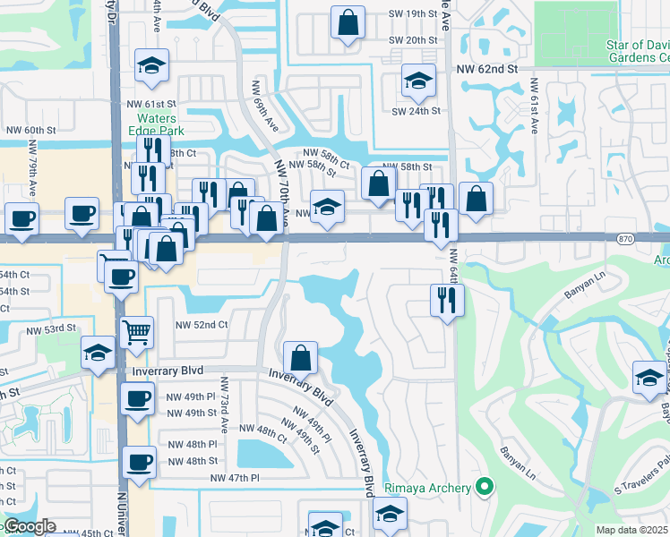 map of restaurants, bars, coffee shops, grocery stores, and more near 6730 West Commercial Boulevard in Lauderhill