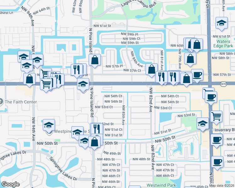 map of restaurants, bars, coffee shops, grocery stores, and more near 8531 Northwest 54th Court in Lauderhill