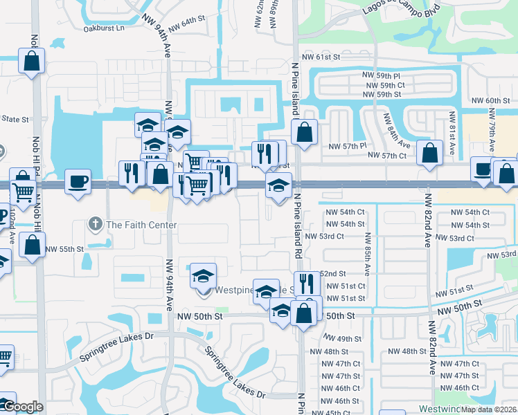 map of restaurants, bars, coffee shops, grocery stores, and more near 9016 Northwest 55th Court in Sunrise