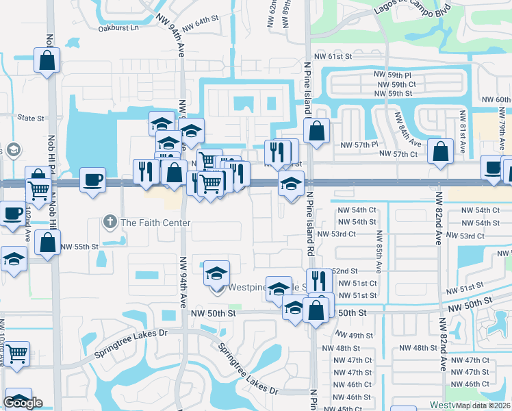 map of restaurants, bars, coffee shops, grocery stores, and more near 9016 Northwest 55th Court in Sunrise