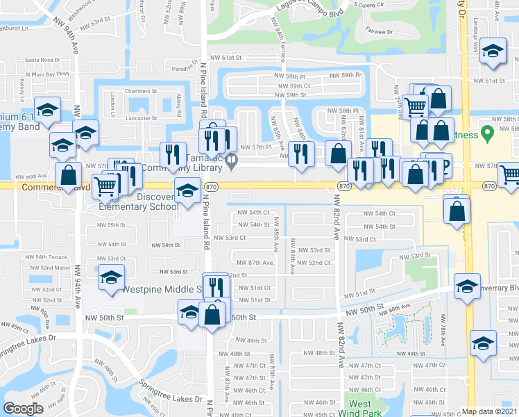 map of restaurants, bars, coffee shops, grocery stores, and more near 8531 Northwest 54th Court in Lauderhill