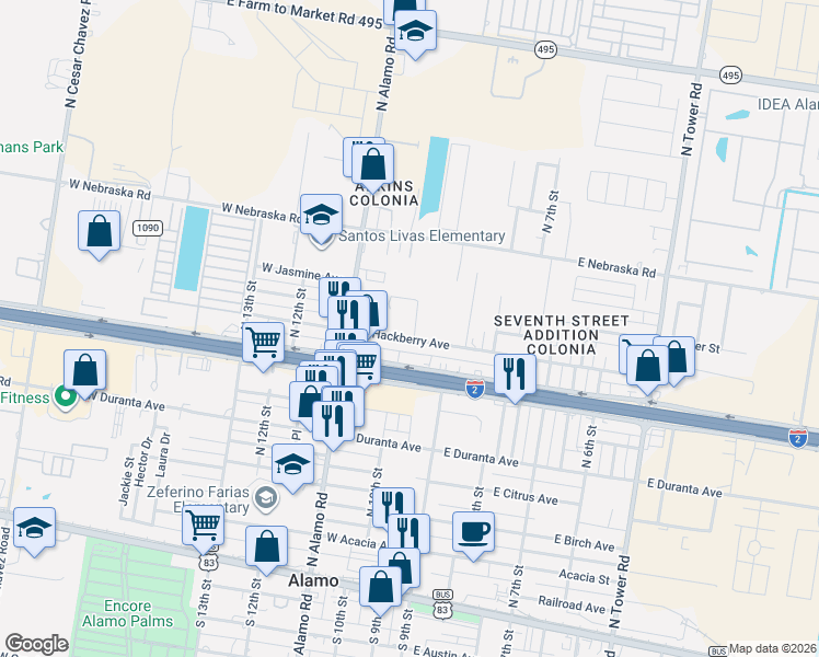 map of restaurants, bars, coffee shops, grocery stores, and more near 736 Aurora Drive in Alamo