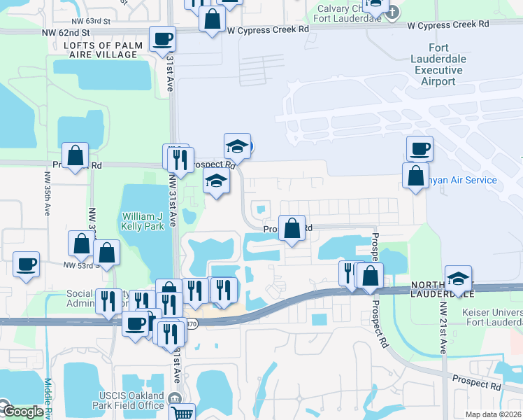 map of restaurants, bars, coffee shops, grocery stores, and more near 2851 Prospect Road in Tamarac