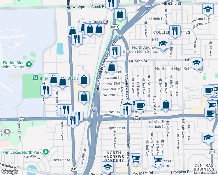 map of restaurants, bars, coffee shops, grocery stores, and more near 331 Northwest 53rd Street in Fort Lauderdale