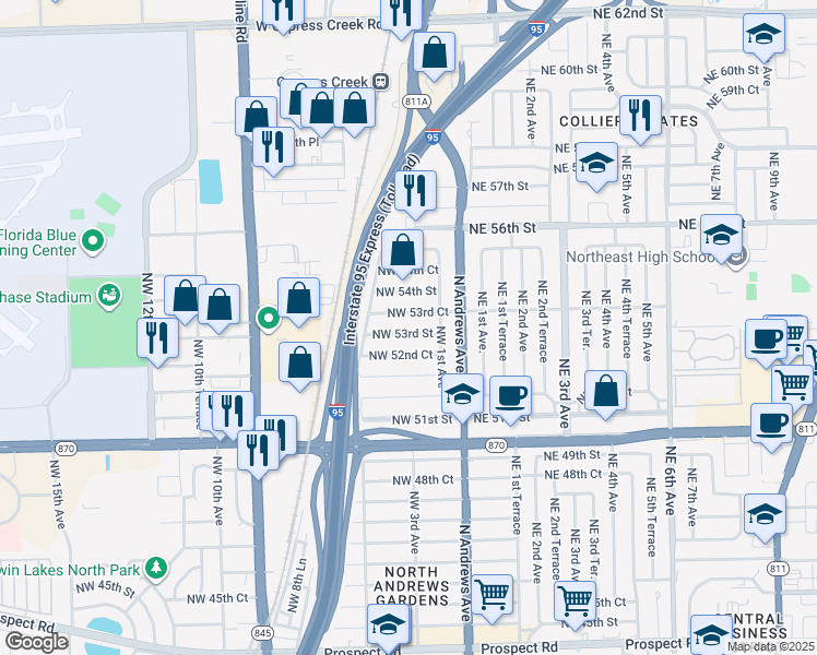 map of restaurants, bars, coffee shops, grocery stores, and more near 241 Northwest 53rd Street in Fort Lauderdale