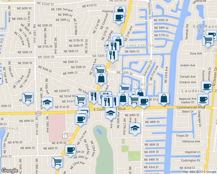 map of restaurants, bars, coffee shops, grocery stores, and more near 97 Northeast 24th Terrace in Fort Lauderdale